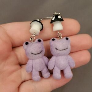 Hot Topic Purple Fuzzy Frogs with Black Mushrooms Earrings